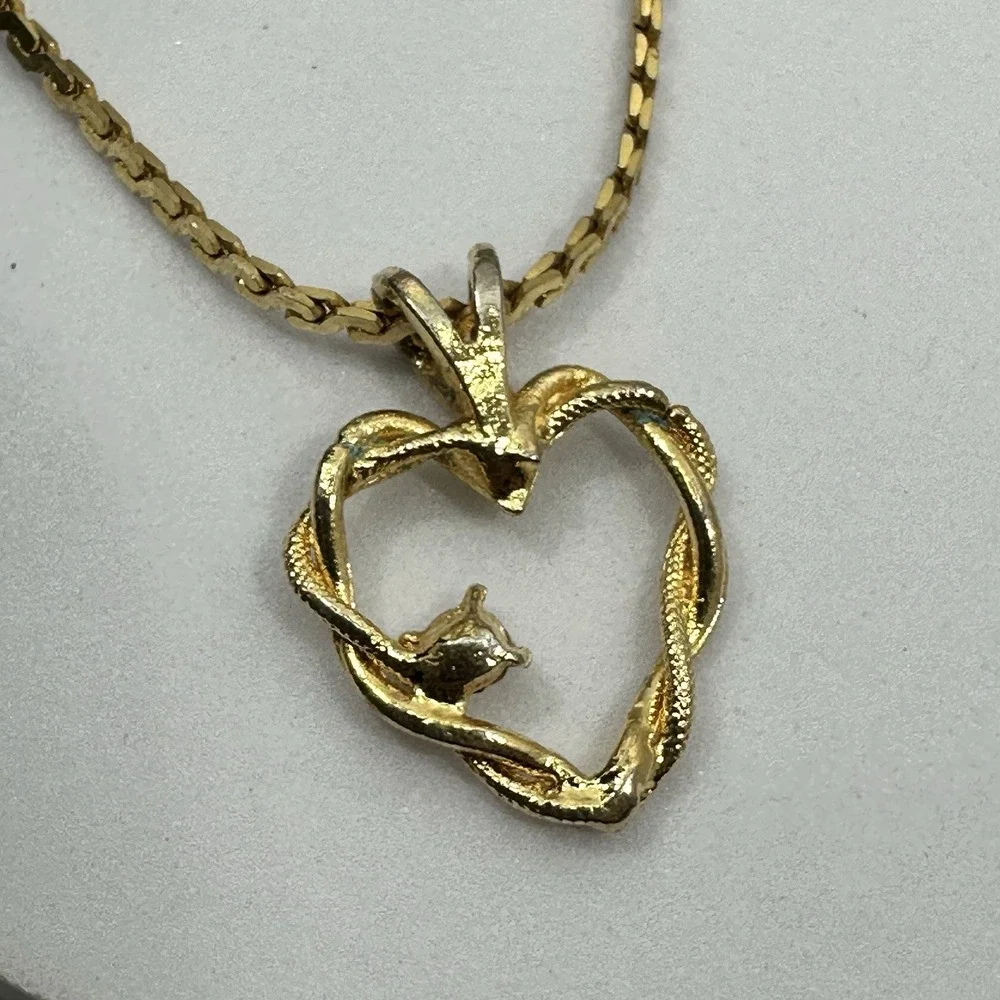 Les Bernard Open Heart Necklace Gold Tone Rhinestone Pendant Signed Vintage